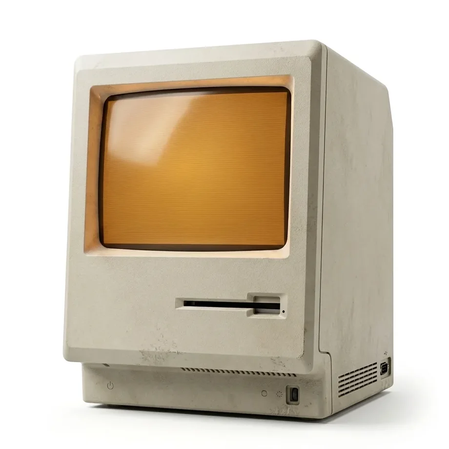 Vintage all-in-one computer, screen glowing