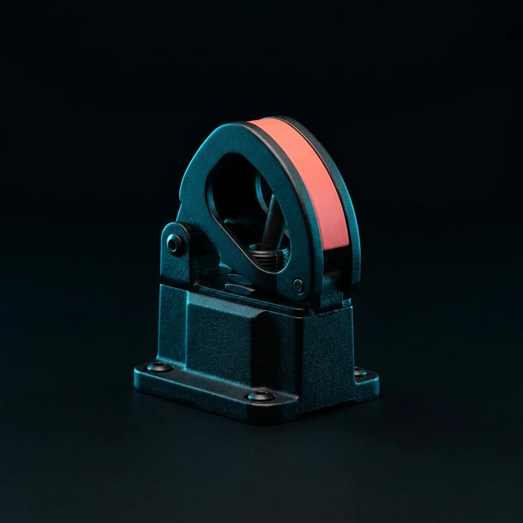 An industrial emergency-stop switch with a red safety guard, matte black, rim-lit cyan against a black studio backdrop