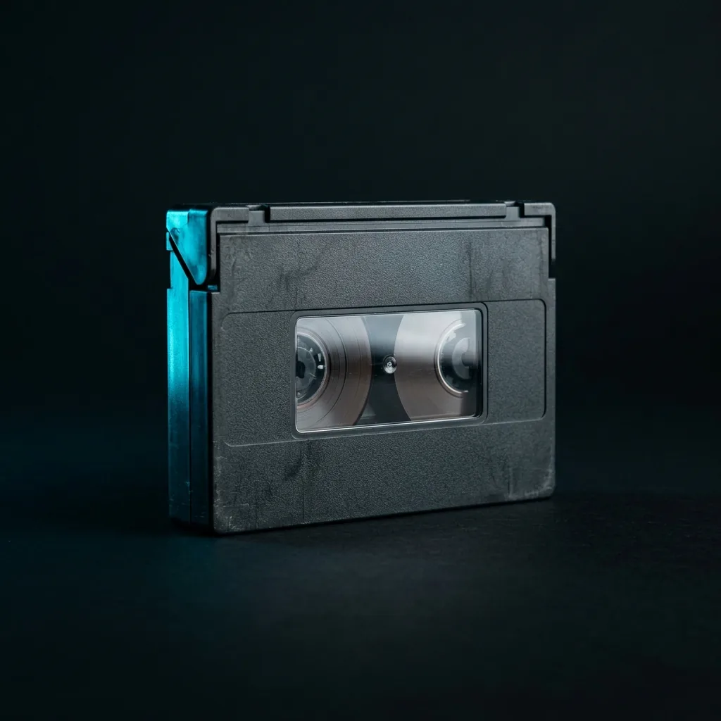 A dark magnetic tape data cartridge with a reflective tape window, rim-lit cyan against a black studio backdrop