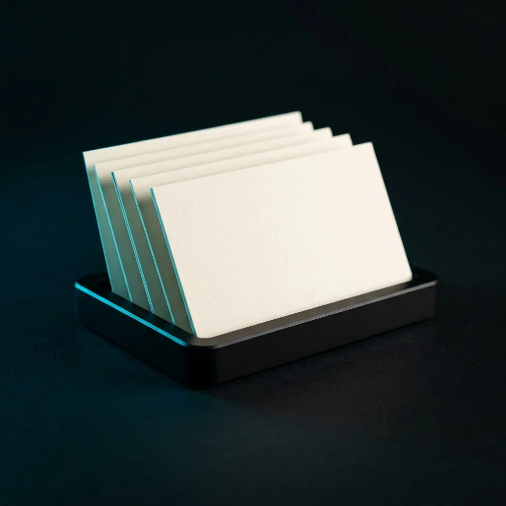 Five cream index cards fanned upright in a black aluminum tray, rim-lit cyan against a black studio backdrop